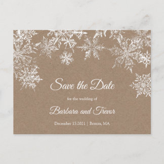 Carte Postale Faire-part Snowflakes White & Kraft hiver Enregistrer la date