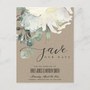 CARTE POSTALE FAIRE-PART SOFT KRAFT IVORY BUNCH FLORAL BLANC ENREGISTRER LA