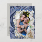 Carte Postale Faire-part Soie Bleue et Perles d'Ivoire Save the Date (Devant / Derrière)