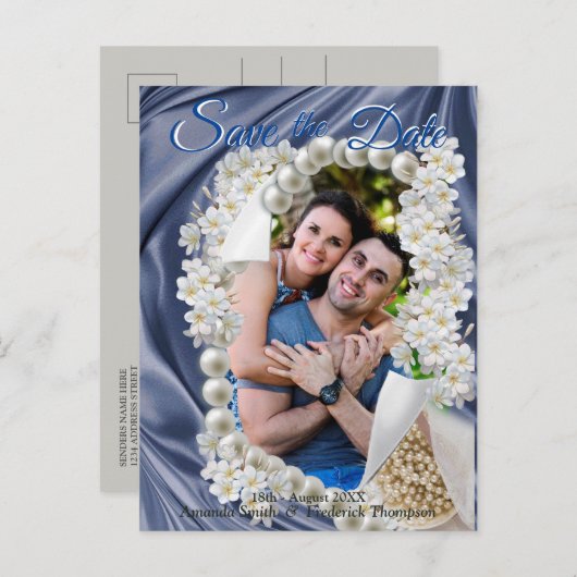 Carte Postale Faire-part Soie Bleue et Perles d'Ivoire Save the Date (Devant / Derrière)