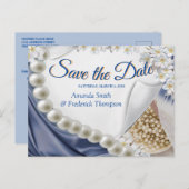 Carte Postale Faire-part Soie Bleue & Perles d'Ivoire Save the Date (Devant / Derrière)