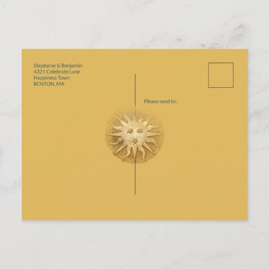 Carte Postale Faire-part Soleil Céleste Turquoise Paillettes Or Enregistrer (Dos)