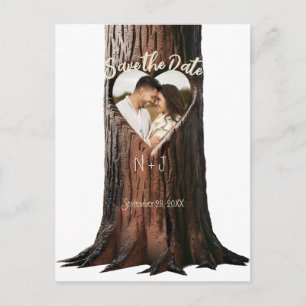 Carte Postale Faire-part Souche d'arbre à cœur sculpté Rustique Photo de sa