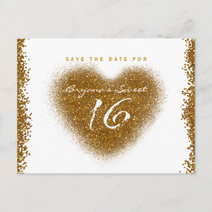 Carte Postale Faire-part Spill de paillettes dorées Sweet 16 Heart Save The