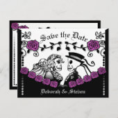 Carte Postale Faire-part Squelettes gothiques roses noir et violet Sauver l (Devant / Derrière)