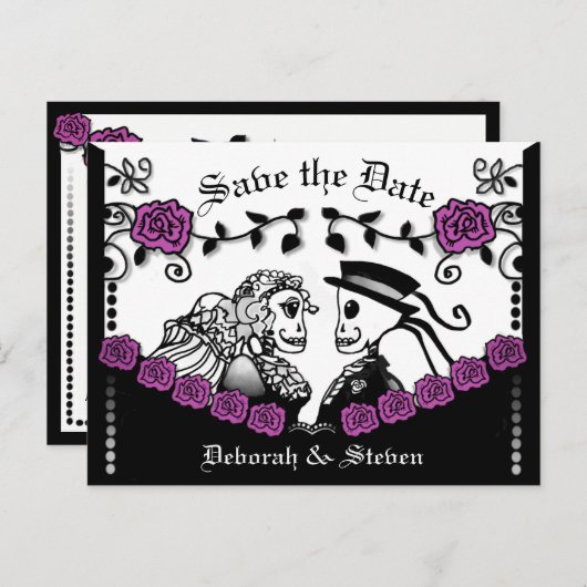 Carte Postale Faire-part Squelettes gothiques roses noir et violet Sauver l (Devant / Derrière)