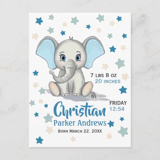 Carte Postale Faire-part Statistiques de naissance d'un adorable éléphant b (Devant)