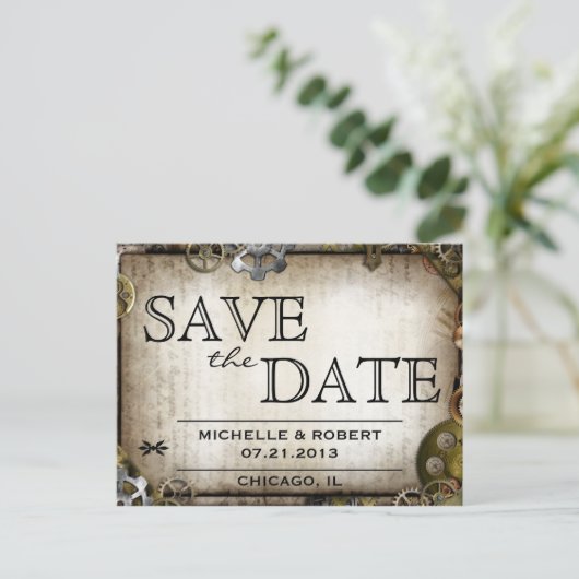 Carte Postale Faire-part Steampunk Gears Victorian Enregistrer la date Post (Debout devant)