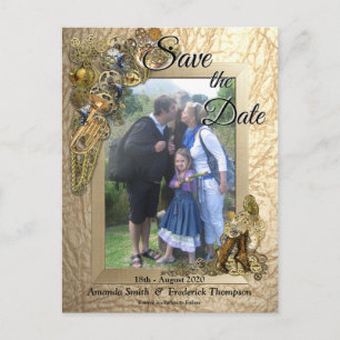 Carte Postale Faire-part Steampunk sur cuir doré Save the Date