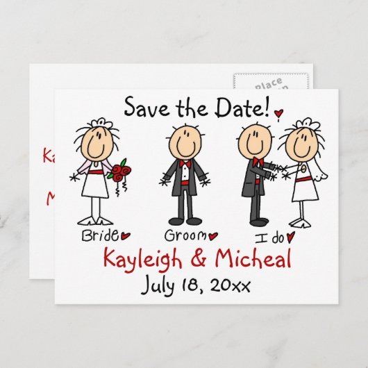 Carte Postale Faire-part Stick Figure Enregistrez la date ! (Devant / Derrière)