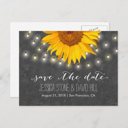 Carte Postale Faire-part String Lights & Sunflower Wedding Enregistrer la d (Devant / Derrière)