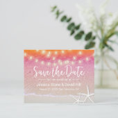 Carte Postale Faire-part String Lights Sunset Beach Wedding Enregistrer la  (Debout devant)