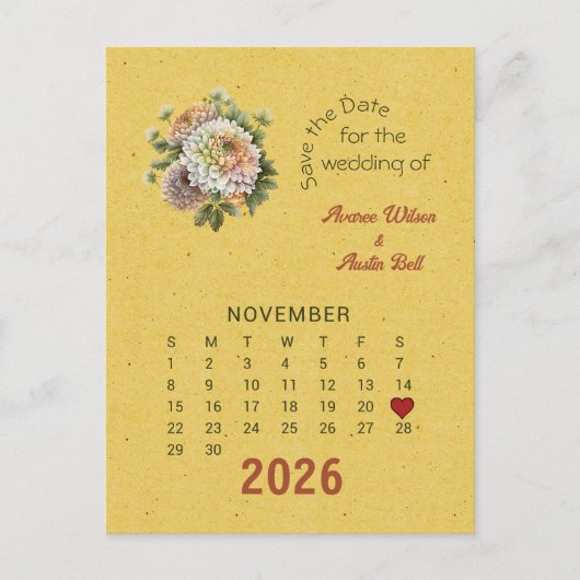 Carte Postale Faire-part Style de calendrier Mariage Enregistrer la date No (Devant)