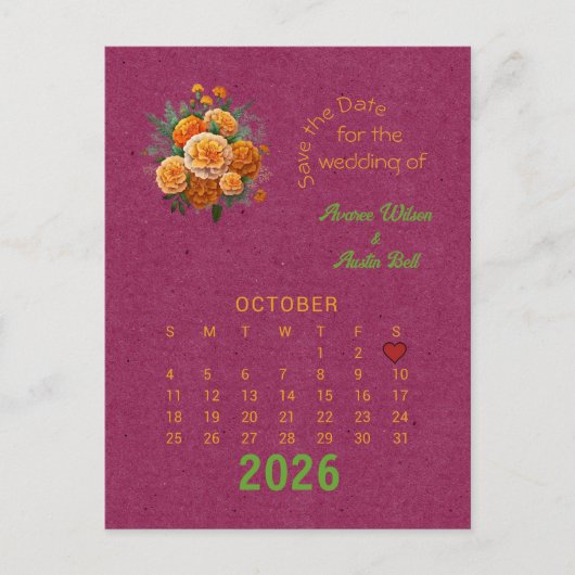 Carte Postale Faire-part Style de calendrier Mariage Enregistrer la date Oc (Devant)