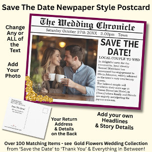 Carte Postale Faire-part Style de photo de journal Save The Date, Marron &