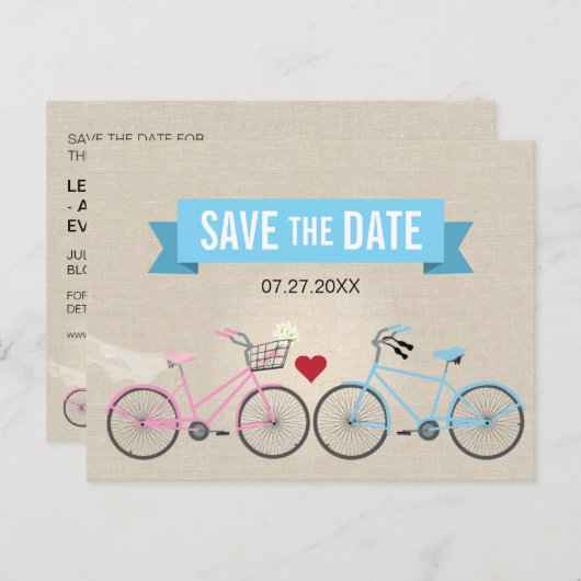 Carte Postale Faire-part Style lin Bicycle Mariage Enregistrer la date (Devant / Derrière)