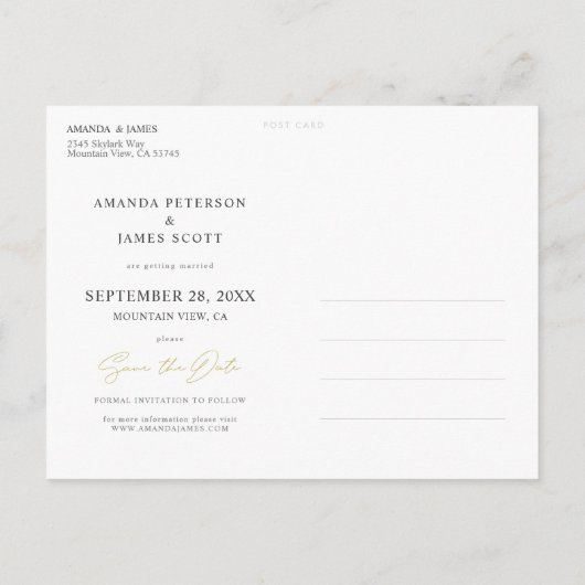 Carte Postale Faire-part Style moderne Gold Script Photo Enregistrer la dat (Dos)