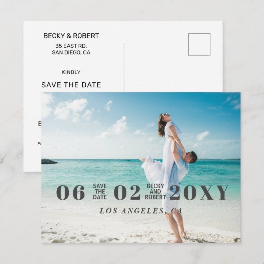 Carte Postale Faire-part Stylish Modern Typography Photo Enregistrer la dat (Devant / Derrière)