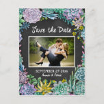 Carte Postale Faire-part Succulent Chalkboard Wedboard Wedding Enregistrer<br><div class="desc">Succulent Chalkboard Wedding Enregistrer Les Date Cards disposent d'un arrière - plan Chalkboard avec des succulents aquarelle. Changez la photo du couple de démo à l'une des vôtres. Voir la collection de correspondances complète sur cette page.</div>