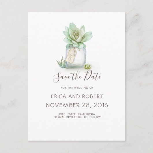 Carte Postale Faire-part Succulent Mason Jar Rustique Enregistrer la date (Devant)