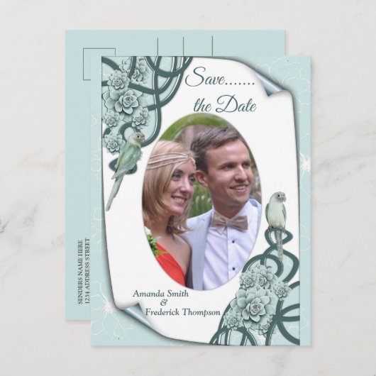 Carte Postale Faire-part Succulents dans l'eau en bleu menthe / vert pin (Devant / Derrière)