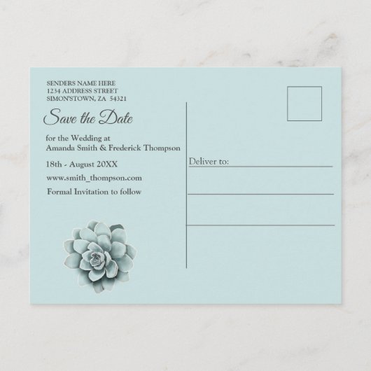 Carte Postale Faire-part Succulents dans l'eau en bleu menthe / vert pin (Dos)