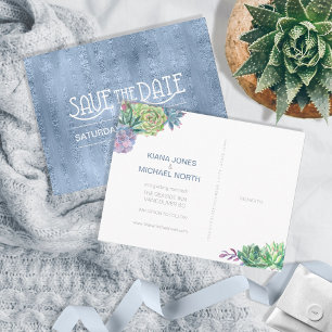 Carte Postale Faire-part Succulents et étincelles Enregistrer la date Blue