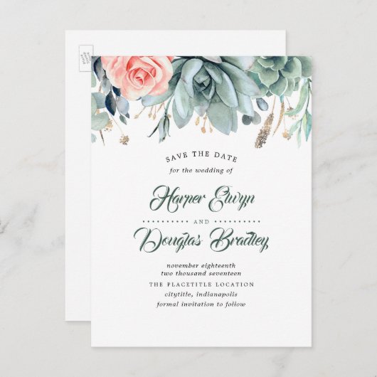 Carte Postale Faire-part Succulents et rose botanique Enregistrer la date (Devant / Derrière)