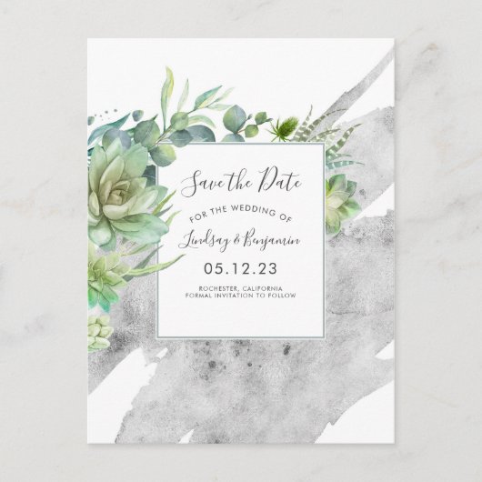 Carte Postale Faire-part Succulents Verdure Argent Splatters Enregistrer la (Devant)