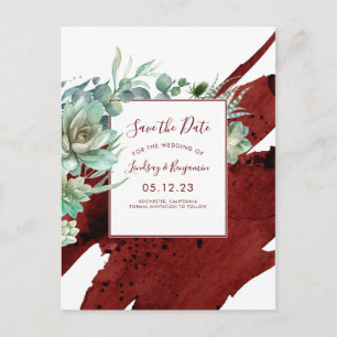 Carte Postale Faire-part Succulents verdure Bourgogne Rouge Sauvez la date