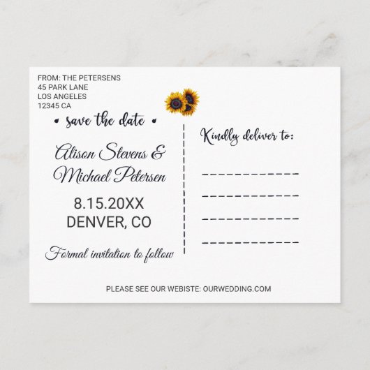 Carte Postale Faire-part Sunfleurs d'été | Mariage photo Enregistrer la dat (Dos)