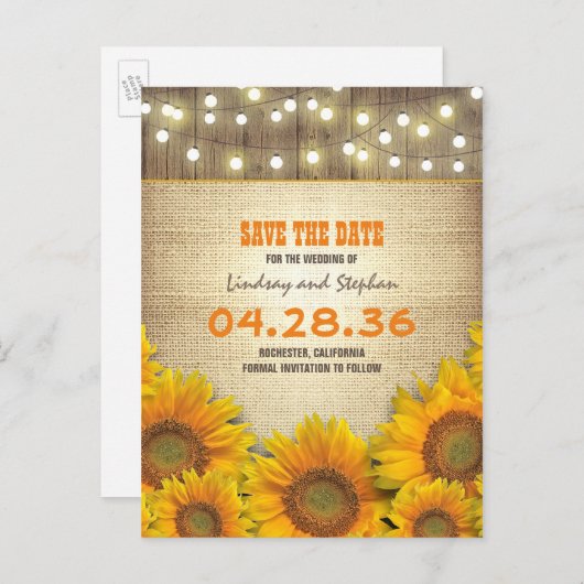 Carte Postale Faire-part Sunflower Burlap String Light Rustic Enregistrer l (Devant / Derrière)