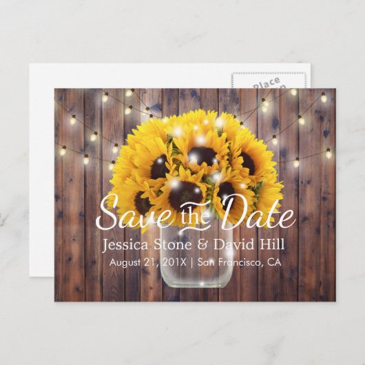 Carte Postale Faire-part Sunflower Jar Rustic Grange Mariage Enregistrer la (Devant / Derrière)