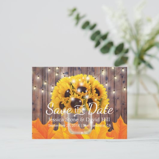 Carte Postale Faire-part Sunflower Jar Rustic Mariage de automne Enregistre (Debout devant)