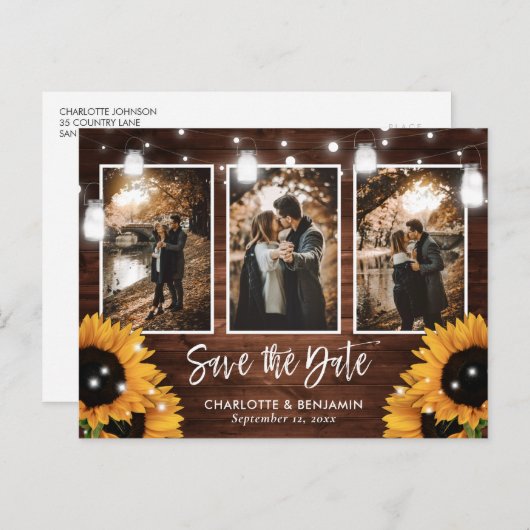 Carte Postale Faire-part Sunflower Mason Jar Grange En Bois Photo Enregistr (Devant / Derrière)