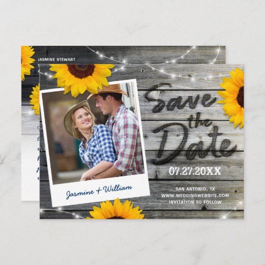 Carte Postale Faire-part Sunflower Photo Grey Mariage rustique Enregistrer (Devant / Derrière)