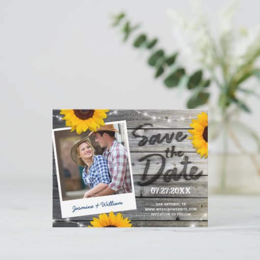 Carte Postale Faire-part Sunflower Photo Grey Mariage rustique Enregistrer (Debout devant)