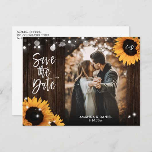 Carte Postale Faire-part Sunflower Rustic Wood Photo Enregistrer la date Ca (Devant / Derrière)