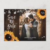 Carte Postale Faire-part Sunflower Rustic Wood Photo Enregistrer la date Ca (Devant)