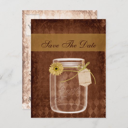Carte Postale Faire-part sunflower rustique mason jar mariage enregistrer l (Devant / Derrière)