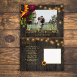Carte Postale Faire-part Sunflowers rose grange bois enregistrer la date ma<br><div class="desc">Des tournesols en or jaune, des roses bordeaux, et des cordes de lumières scintillantes sur une photo brun foncé élégant en bois de grange enregistrer la carte postale mariage date. Facile à personnaliser avec vos noms et votre texte des deux côtés ! Convient pour le jardin extérieur fleuri été ou...</div>