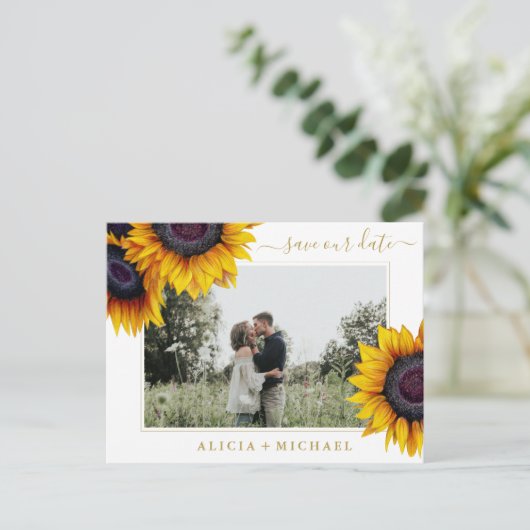 Carte Postale Faire-part Sunflowers rustique chic script enregistrer date m (Debout devant)
