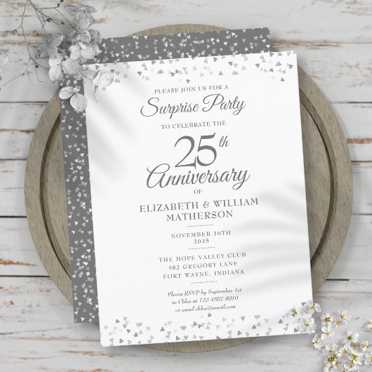 Carte Postale Faire-part Surprise Party 25e anniversaire Coeurs d'argent