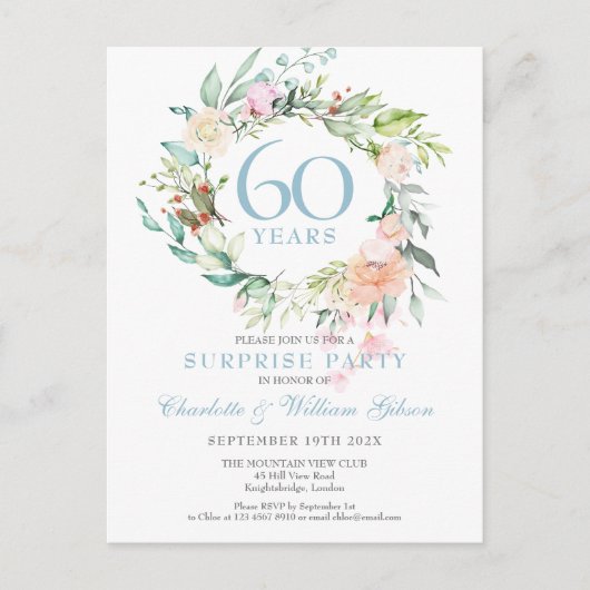 Carte Postale Faire-part Surprise Party 60e anniversaire Floral Rose (Devant)
