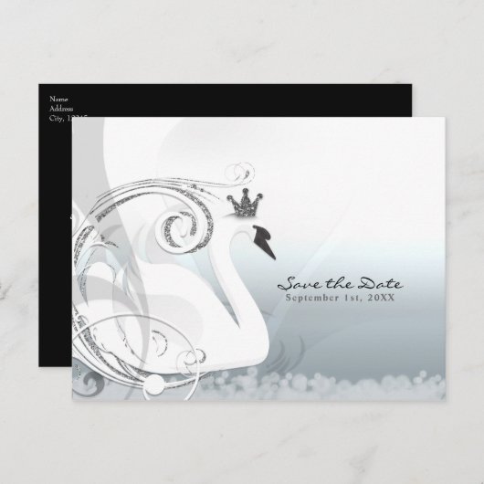Carte Postale Faire-part Swan Princess Silver & White Enregistrer la date (Devant / Derrière)