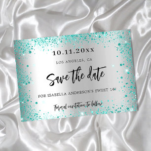 Carte Postale Faire-part Sweet 16 argent sarcelle vert paillettes save the