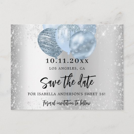 Carte Postale Faire-part Sweet 16 ballons bleu argent enregistrer la date (Devant)