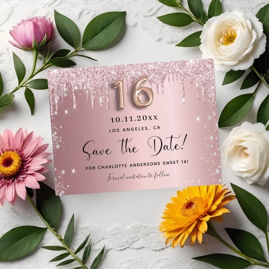 Carte Postale Faire-part Sweet 16 blush rose argent enregistrer la date