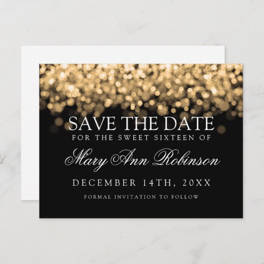 Carte Postale Faire-part Sweet 16 Sauvegardez La Date Shimmering Gold Light (Devant / Derrière)