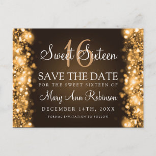 Carte Postale Faire-part Sweet 16 "Save The Date" Éclairage Or